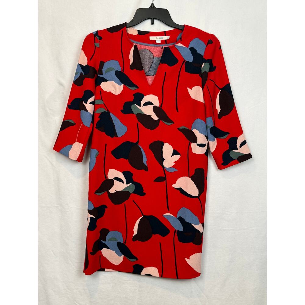 Boden Red Abstract Floral Shift Dress US 2 UK 6 3/4 Sleeve Keyhole 100% Poly